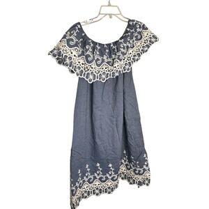 KAKTUS‎ 2 Way Shift Dress Floral Embroidered Cotton Denim/Off White Size L NWT